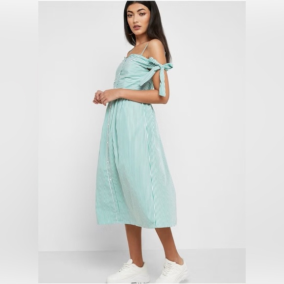 English Factory Tie Sleeve Bow Bardot Dress Striped Green and White Size M - Picture 16 of 16